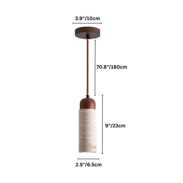"Travertine Gilto pendant light with dimensions showing 3.9 inches/10 cm canopy diameter, 70.8 inches/180 cm overall height, 9 inches/23 cm shade height, and 2.5 inches/6.5 cm shade diameter."