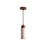 "Full view of a cylindrical travertine Gilto pendant light with a wooden top, isolated on a white background."