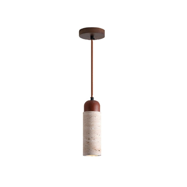 "Full view of a cylindrical travertine Gilto pendant light with a wooden top, isolated on a white background."