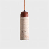 "Cylindrical travertine Gilto pendant light with a wooden top, isolated on a white background."