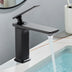 Black single-handle bathroom faucet with waterfall spout over a light blue sink basin.
