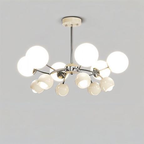 "An 8-light mid-century modern chandelier with white acrylic globe diffusers and a chrome frame, against a light gray background."