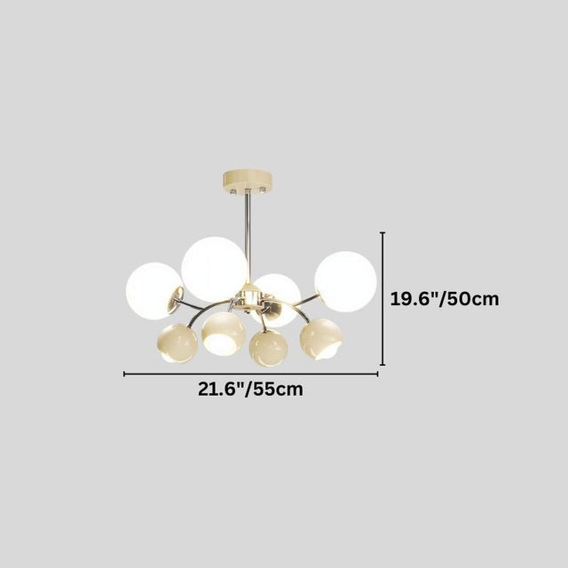 "A multi-light mid-century modern chandelier with acrylic globe diffusers, showing dimensions of 21.6 inches in width and 19.6 inches in height."