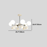 "A multi-light mid-century modern chandelier with acrylic globe diffusers, showing dimensions of 26.7 inches in width and 19.6 inches in height."
