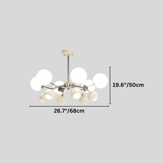 "A multi-light mid-century modern chandelier with acrylic globe diffusers, showing dimensions of 26.7 inches in width and 19.6 inches in height."