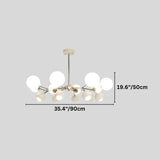 "A multi-light mid-century modern chandelier with acrylic globe diffusers, showing dimensions of 35.4 inches in width and 19.6 inches in height."