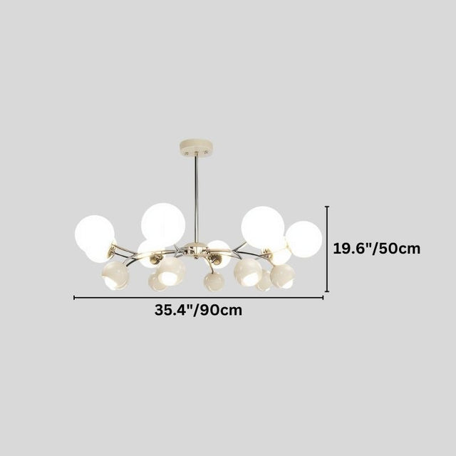 "A multi-light mid-century modern chandelier with acrylic globe diffusers, showing dimensions of 35.4 inches in width and 19.6 inches in height."