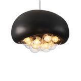 "close-up of black resin dome pendant light with illuminated globes, artistic and modern design"