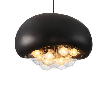 "close-up of black resin dome pendant light with illuminated globes, artistic and modern design"