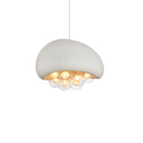 "close-up of white resin dome pendant light with illuminated globes, modern and artistic lighting design"