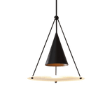 "A modern black pendant light with a cone shade and frosted glass disc against a grey background."