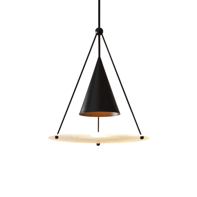 "A modern black pendant light with a cone shade and frosted glass disc against a grey background."