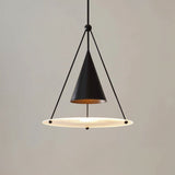 "A modern black pendant light with a cone shade and lit frosted glass disc."
