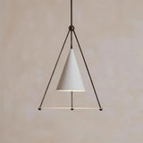 "A modern white pendant light with a cone shade and frosted glass disc in a triangular frame."
