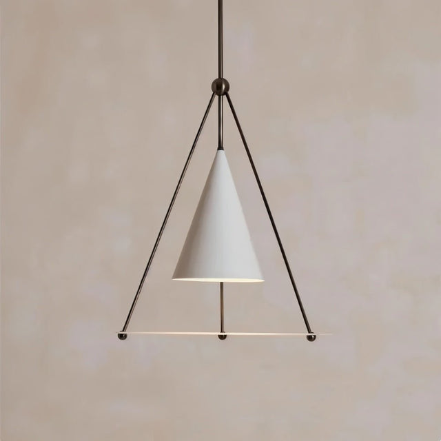 "A modern white pendant light with a cone shade and frosted glass disc in a triangular frame."