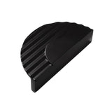 "Black semi-circular drawer pull with ridged texture, made of zinc alloy."