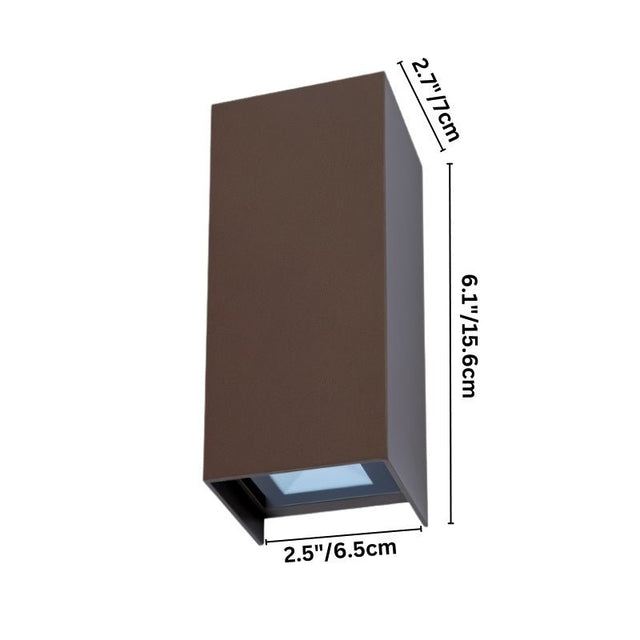 "Dimensions of a modern rectangular outdoor wall lamp with an aluminum frame and glass diffuser: 6.1 inches in height, 2.7 inches in width, and 2.5 inches in depth."