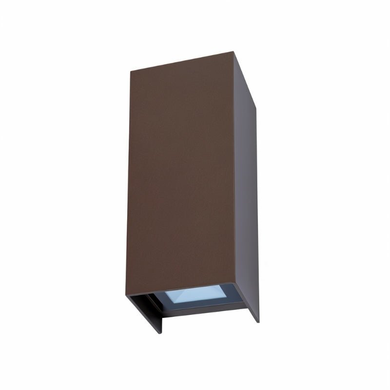 "A minimalist rectangular aluminum outdoor wall lamp with a glass diffuser, isolated on a white background."