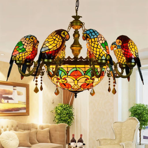 Chic Coastal Glass Parrot Chandelier: Bring coastal charm to your space with this chandelier, featuring glass parrots perched on driftwood branches and adorned with seashells and starfish, adding a touch of seaside whimsy to your decor.