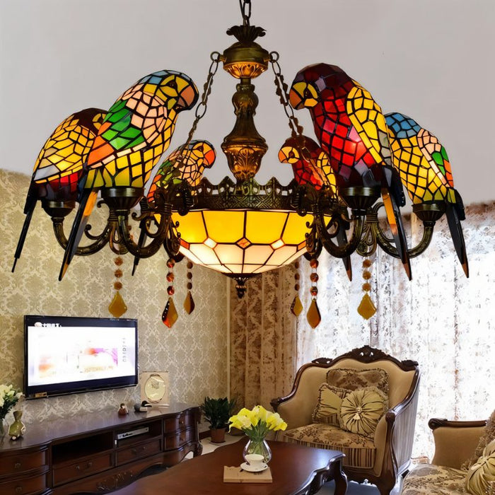 Whimsical Wonderland Glass Parrot Chandelier: Step into a whimsical wonderland with this chandelier, featuring playful glass parrots nestled among twinkling fairy lights and whimsical foliage, creating a magical ambiance in any room.