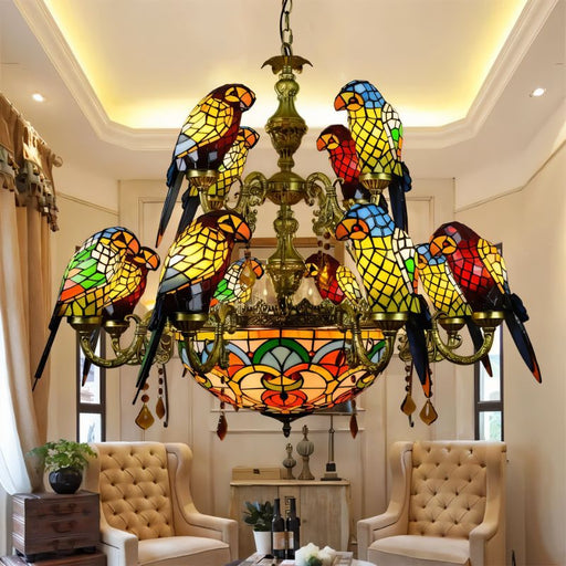 Bohemian Jungle Glass Parrot Chandelier: Embrace bohemian style with this chandelier, featuring glass parrots amidst macrame accents and beaded strands, creating a free-spirited vibe that adds personality and character to your space.