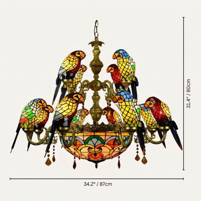 Artisanal Glass Parrot Chandelier: Handcrafted by skilled artisans, this chandelier showcases lifelike glass parrots in intricate detail, making each piece a unique work of art that adds personality and charm to your space.