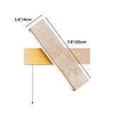 "Dimensions of a modern wall lamp with an angled yellow travertine shade and a light wood rectangular base: 7.9 inches in length and 1.6 inches in width."