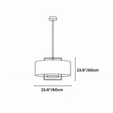 "Dimensions, 23.6 inches height and width, of a black pendant light with a gold frame."