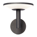 "Front view of a modern black outdoor wall lamp with a circular design and white diffuser."