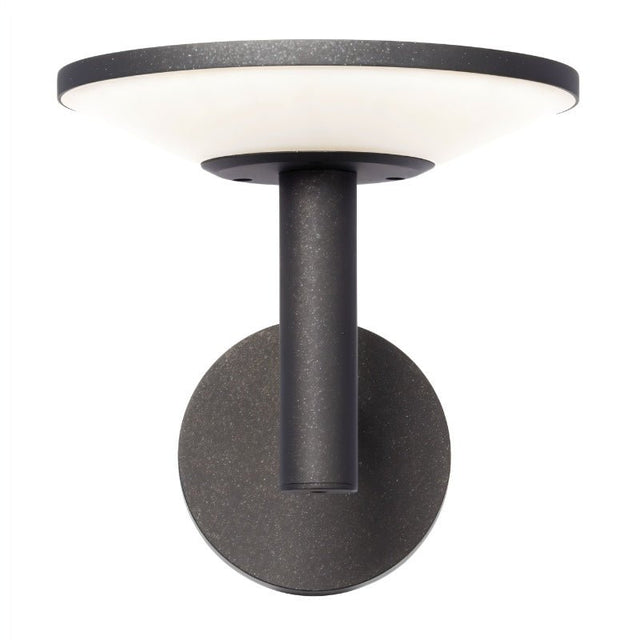 "Front view of a modern black outdoor wall lamp with a circular design and white diffuser."