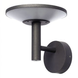 "Profile view of a modern black outdoor wall lamp with a circular design, showcasing its sleek profile."