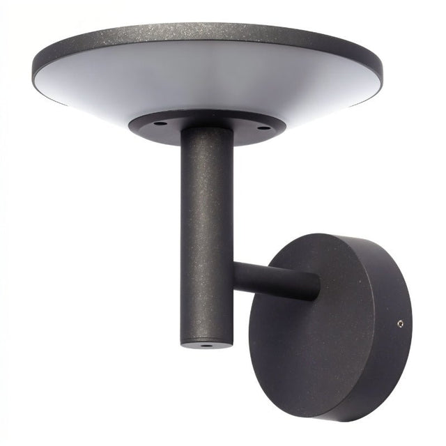 "Profile view of a modern black outdoor wall lamp with a circular design, showcasing its sleek profile."