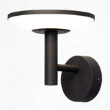 "A modern, circular outdoor wall lamp with a sleek design and a white diffuser, mounted on a white background."