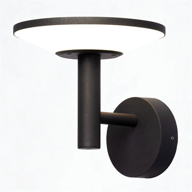 "A modern, circular outdoor wall lamp with a sleek design and a white diffuser, mounted on a white background."