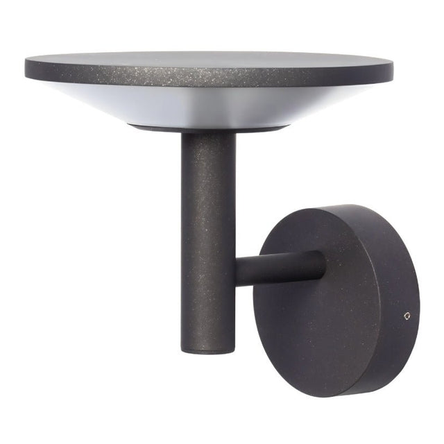 "A modern, circular gray outdoor wall lamp with a sleek design and a white diffuser."