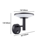 "A modern, circular outdoor wall lamp with a motion sensor, mounted on a white background with size dimensions displayed."