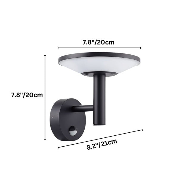 "A modern, circular outdoor wall lamp with a motion sensor, mounted on a white background with size dimensions displayed."