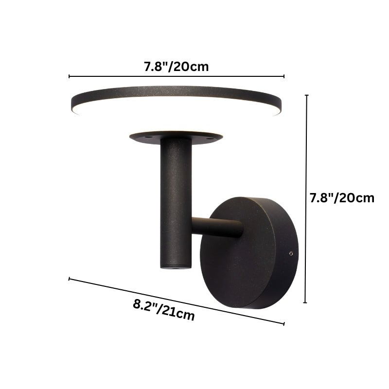"A modern LED outdoor wall lamp with a circular design and motion sensor, shown with dimensions on a white background."