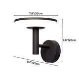 "A modern LED outdoor wall lamp with a circular design and motion sensor, shown with dimensions on a white background."