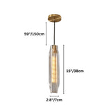 "Dimensions of a modern pendant light with an elongated, faceted crystal shade and brass frame: 59 inches in height and 2.8 inches in width."