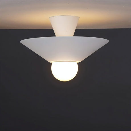 "Close-up of the Glome Ceiling Lamp with a white finish and geometric design, showcasing its central globe bulb for soft ambient light, perfect for contemporary settings."