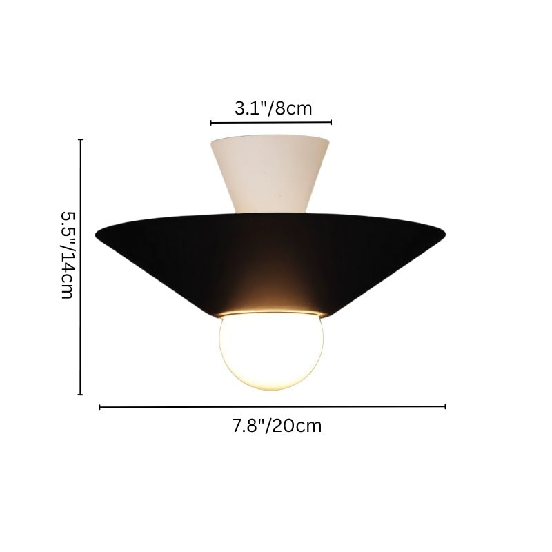 "The Glome Ceiling Lamp with dimensions clearly shown, featuring a sleek black and white design, perfect for enhancing interiors with its modern aesthetic and efficient lighting."