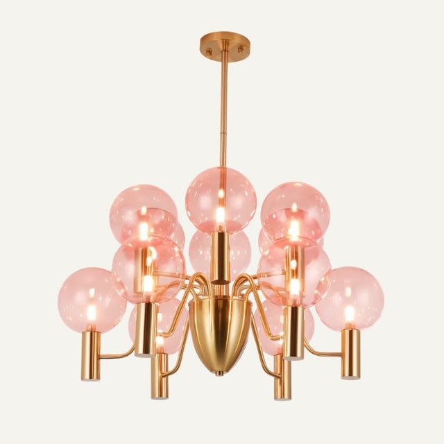 Luxury Gloral Chandelier with twelve pink glass globes and gold finish, designed for upscale living room or dining area lighting.
