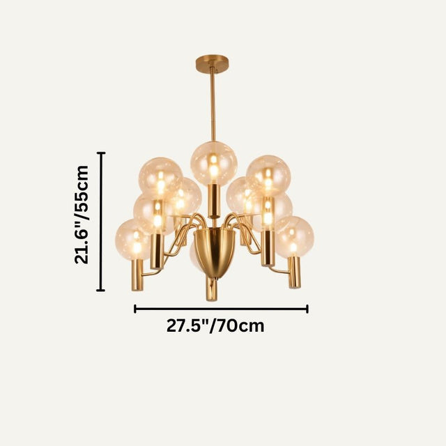 Gloral Chandelier with twelve clear glass bulbs and gold frame, 27.5in x 21.6in, perfect for luxury indoor lighting.