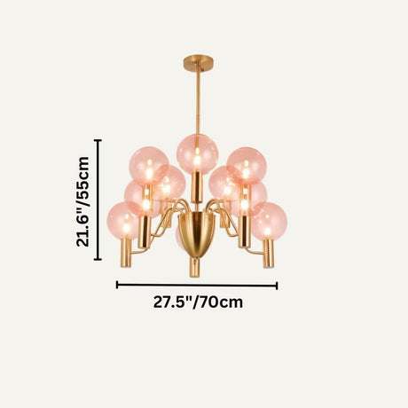Gloral Chandelier with twelve pink glass bulbs and gold finish, 27.5in x 21.6in, designed for spacious luxury interiors.