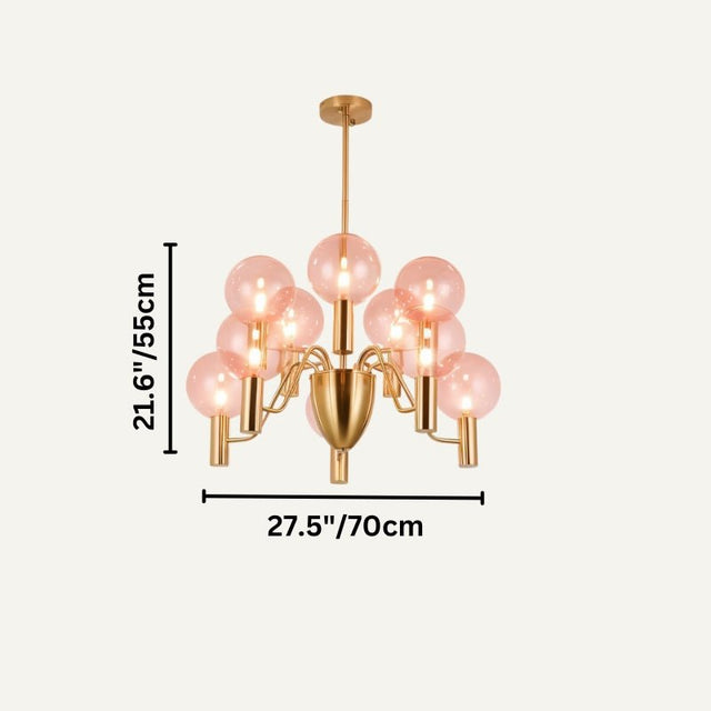 Gloral Chandelier with twelve pink glass bulbs and gold finish, 27.5in x 21.6in, designed for spacious luxury interiors.