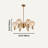 Gloral Chandelier in gold with six clear glass bulbs, 25.9in x 20.8in, ideal for modern bedroom or living room lighting.