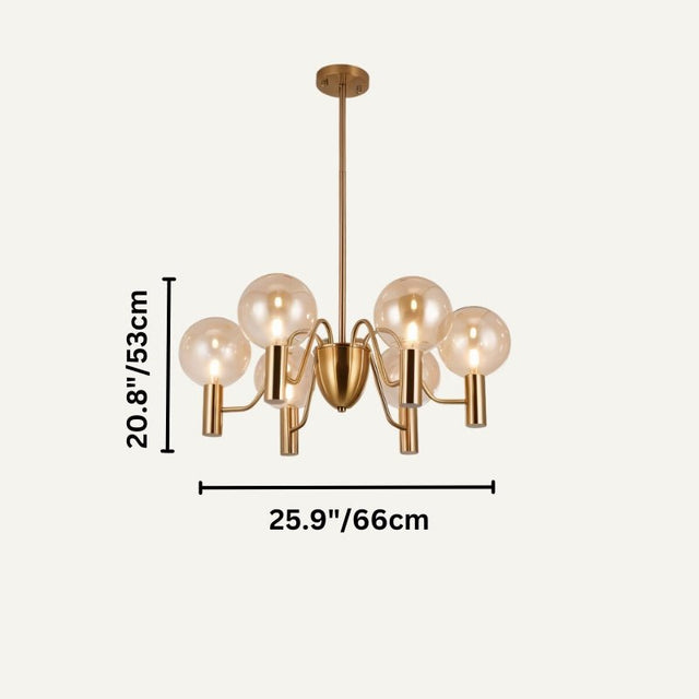 Gloral Chandelier in gold with six clear glass bulbs, 25.9in x 20.8in, ideal for modern bedroom or living room lighting.