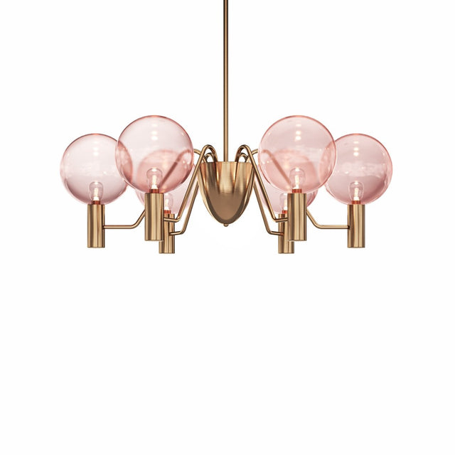 Modern Gloral Chandelier featuring six pink glass bulbs and gold metal arms, perfect for stylish indoor lighting décor.