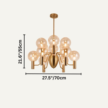 Elegant Gloral Chandelier in gold with clear glass globes, 27.5in x 21.6in, suitable for modern living or dining rooms.